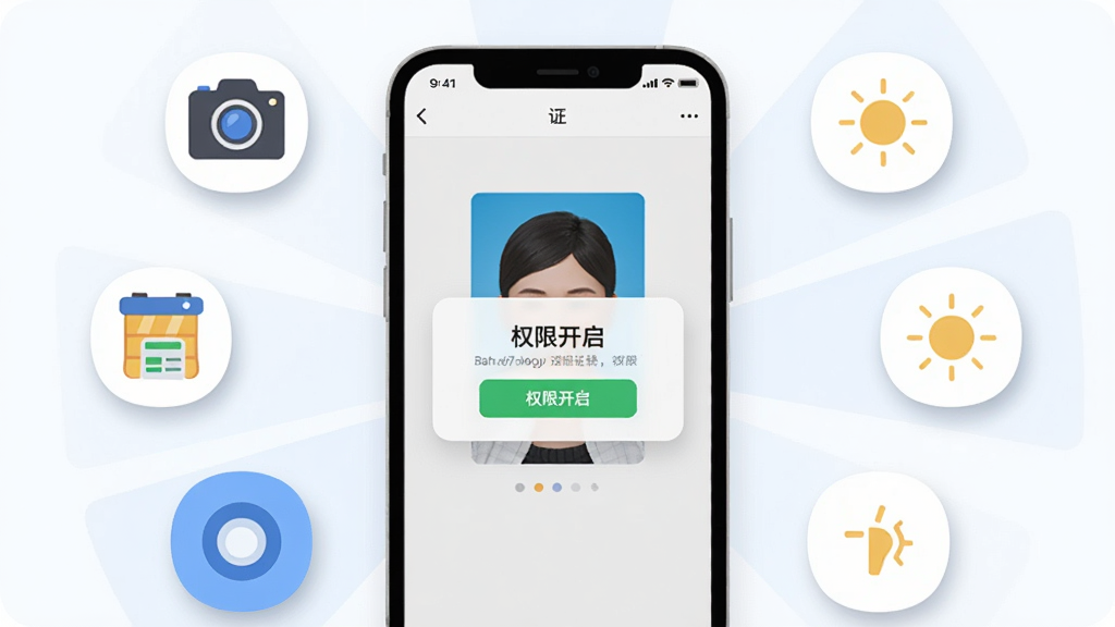 画面以手机屏幕为中心,屏幕内展示着证件照编辑界面和“权限开启”提示弹窗,屏幕周围环绕着相机、存储空间、光线图标等元素,布局上采用中心辐射式构图,排版清晰有序,风格为扁平化信息图风格,细节上图标带有柔和阴影和圆角处理,画质干净明亮,无多余元素