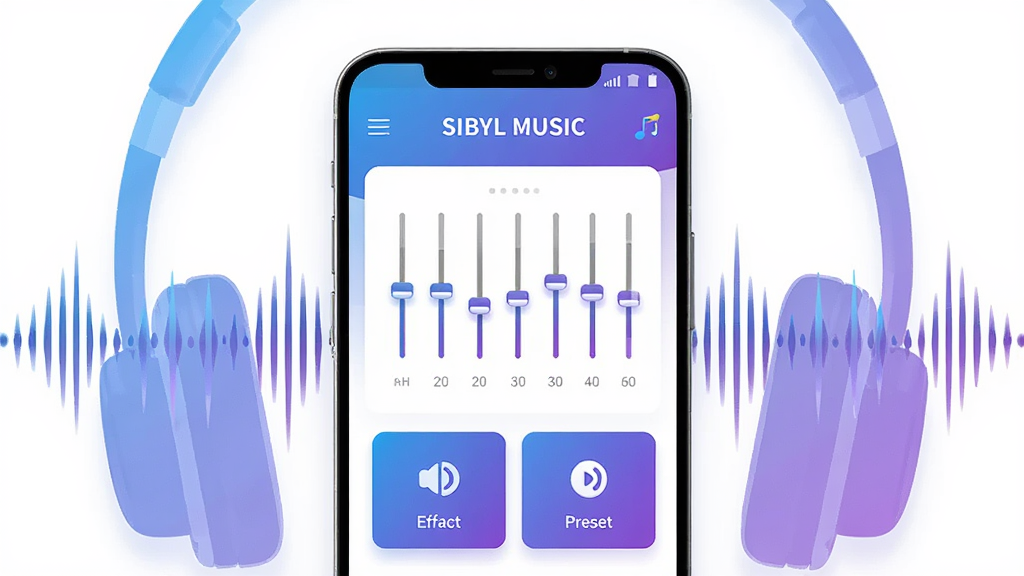 ��������Ϊһ��������׿�ֻ�����Ļ������ʾ��SIBYL MUSIC��Ӧ�������棬�������������Ƶ�λ�������ЧԤ�迨Ƭ���ֻ����໷�ư�͸��������������������������Ϊ�ֻ����С����ҶԳƵ�׺����Ԫ�أ��Ű�ɾ����׳��㣬���Ϊ�ִ��Ƽ��б�ƽ�廭��ϸ�ڰ���ϸ��Ľ���������ɫ�������Ӱ������ͼ�꣬���ʸ�������������ɾ��޶���Ԫ��
