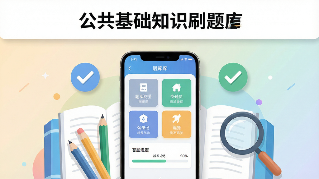 主体为一部竖屏智能手机,屏幕中央展示公共基础知识刷题库的应用界面,界面包含题库分类卡片与答题进度条,手机周围环绕书本、铅笔、放大镜、对勾图标等学习元素,布局采用居中对称构图,上方留白放置标题区域,风格为清爽扁平化插画,细节包含柔和渐变背景与轻投影,画质高清、干净、无多余元素