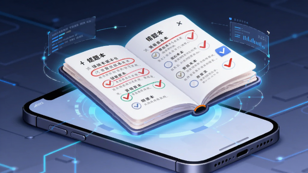 画面主体为一本发光的电子错题本悬浮在手机屏幕上方,错题本页面显示红色标记与对勾符号,布局为上下分层构图,风格为科技感学习插画,细节包含数据线条与光晕效果,画质高清、干净、无多余元素