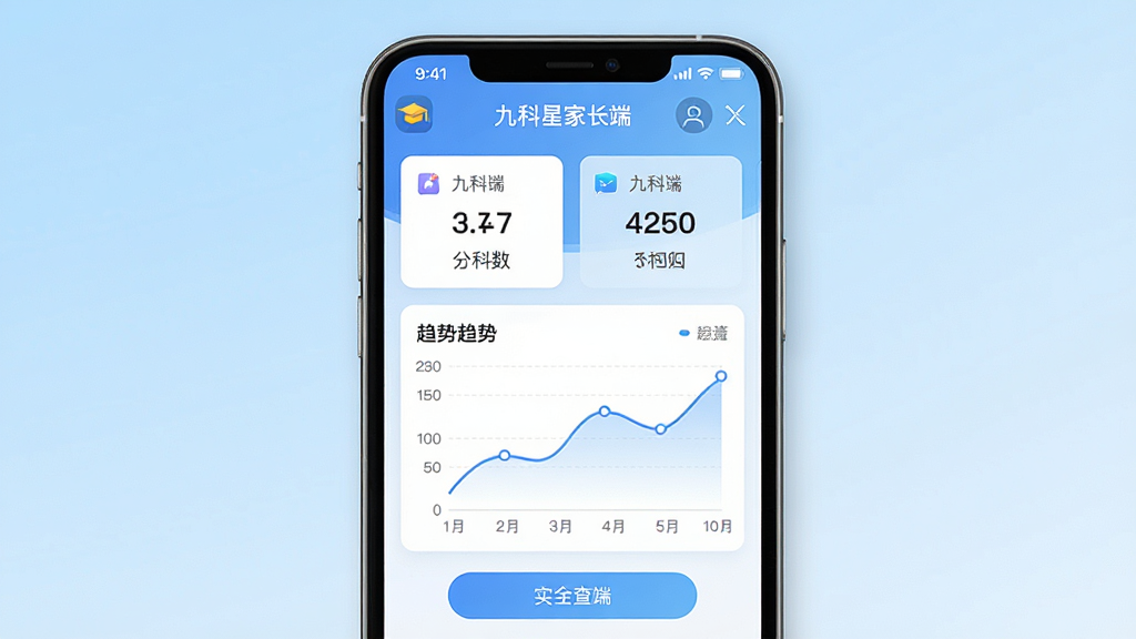 一张展示九科星家长端手机界面布局的图片,画面中央是手机屏幕显示成绩查询页面,包含分数卡片与趋势折线图,屏幕上方有软件名称“九科星家长端”字样,背景为浅蓝色渐变,风格简洁清爽,细节包括图标、按钮与数据卡片,画质高清干净,无多余元素