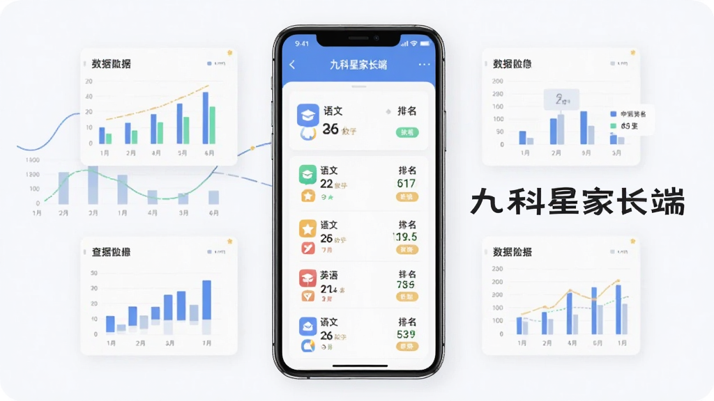 一张表现九科星家长端成绩查询功能的图片,画面主体为手机屏幕上的成绩单界面,显示语文数学英语等科目分数与排名,屏幕旁有“九科星家长端”文字标识,布局为居中手机加周围数据图表点缀,风格现代简约,细节包括分数数字、科目图标与排名标签,画质清晰干净,无多余元素