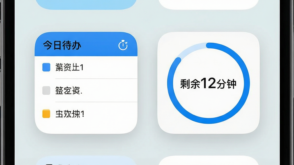 一张待办计时器桌面小组件场景图,主体是手机桌面截图,桌面上放置两个小组件,左侧为“今日待办”列表小组件显示三条任务,右侧为倒计时圆环小组件显示“剩余12分钟”,背景为浅色壁纸,布局为桌面网格排列,风格为现代简约UI,细节包含圆角小组件边框、蓝白配色、任务文字清晰可读,画质干净无多余元素
