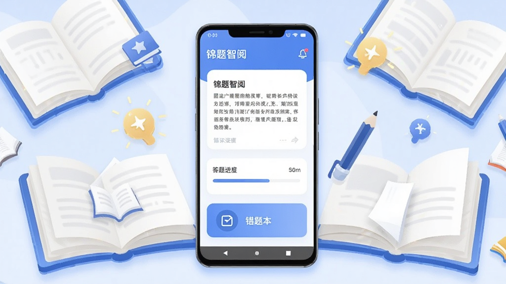 画面中央放置一部竖屏安卓手机,手机屏幕上显示「锦题智阅」软件主界面,界面包含阅读文章卡片、答题进度条与错题本入口,手机周围环绕翻开的书本、铅笔和发光的知识点图标,整体布局居中对称,风格为清爽扁平化教育类UI插画,细节上突出蓝白配色与柔和阴影,画质清晰干净,无多余元素