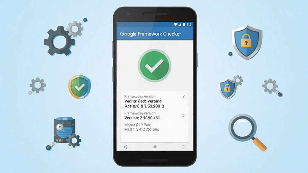 一部安卓手机居中放置,屏幕上显示“Google Framework Checker”应用界面,界面中有绿色对勾图标和框架版本信息卡片,手机周围环绕齿轮、盾牌、放大镜等科技感小图标,背景为浅蓝渐变,整体布局简洁对称,扁平化插画风格,细节清晰,画质干净高清,无多余元素