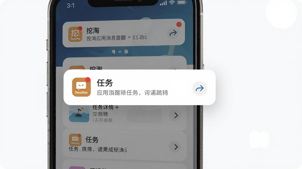 主体为“挖淘”应用消息提醒弹窗与任务详情跳转界面,布局为手机屏幕展示通知横幅与任务卡片,排版为场景化功能演示,风格为轻量扁平化设计,细节包含消息图标、未读红点、跳转箭头,画质高清、画面干净、无多余元素