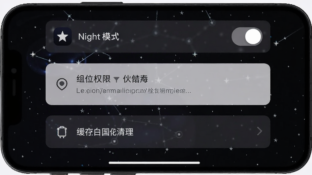 手机屏幕显示星图设置界面,包含夜间模式开关、定位权限提示与缓存清理选项,界面风格简洁,深色背景配浅色文字,排版整齐,画质清晰干净