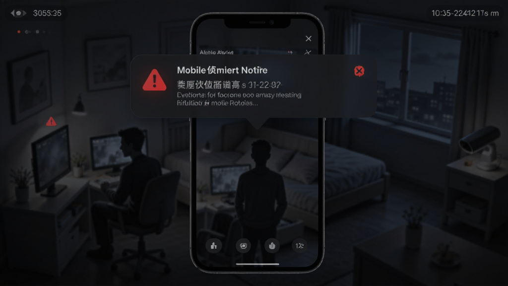 主体是一部手机弹出移动侦测报警通知,背景为夜晚房间监控画面,布局为手机居中、通知气泡突出,排版强调报警信息,风格为暗色调科技插画,细节包括人物剪影、红色警示图标、时间戳,画质高清,画面干净,无多余元素