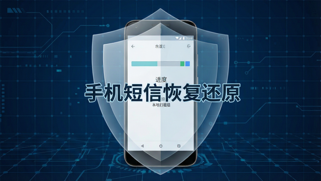 一张安全主题风格的图片,画面中央是一部安卓手机被一个半透明的盾牌图标包裹,盾牌上标注文字“手机短信恢复还原”,手机屏幕显示本地扫描进度条,背景为深蓝色科技网格,整体风格稳重,画质清晰,无多余元素