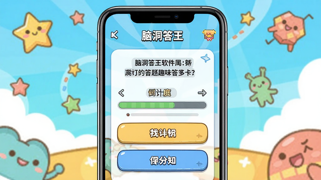 脑洞答王软件主界面展示,手机屏幕居中显示趣味答题关卡与选项按钮,背景为明亮活泼的卡通风格,主体突出答题界面布局,排版简洁清晰,风格轻松幽默,细节包含题目文字、倒计时进度条和得分提示,画质清晰干净无多余元素