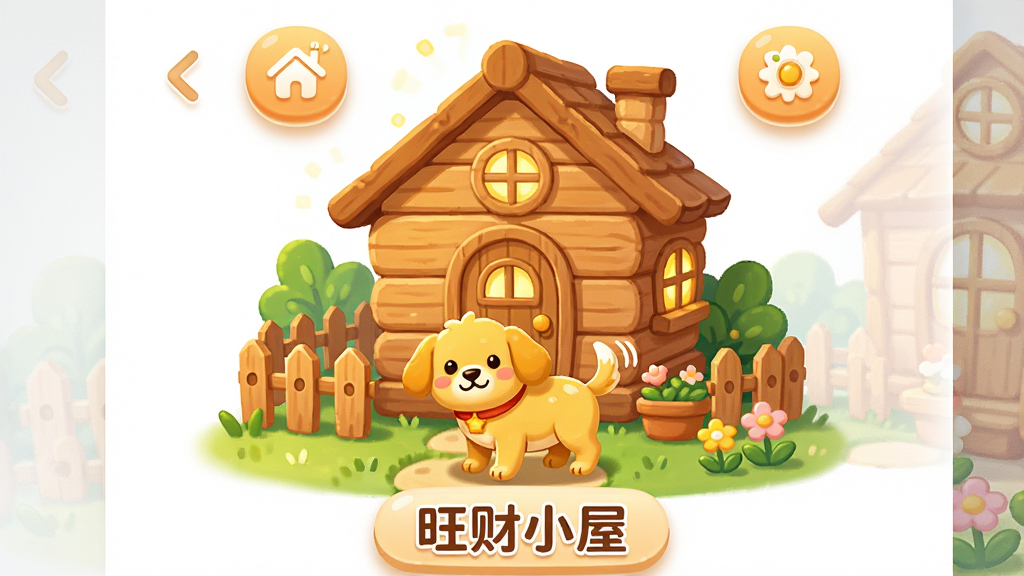 一张卡通风格的手机应用界面展示图,画面主体为一座温馨的木质小屋,屋前有一只可爱的黄色小狗正在摇尾巴,小屋周围有栅栏、绿植和小花,整体布局为居中对齐的方形构图,排版简洁清晰,风格为扁平化卡通插画,细节包含暖色调灯光、圆润的按钮图标和柔和阴影,画质高清干净,画面中带有
