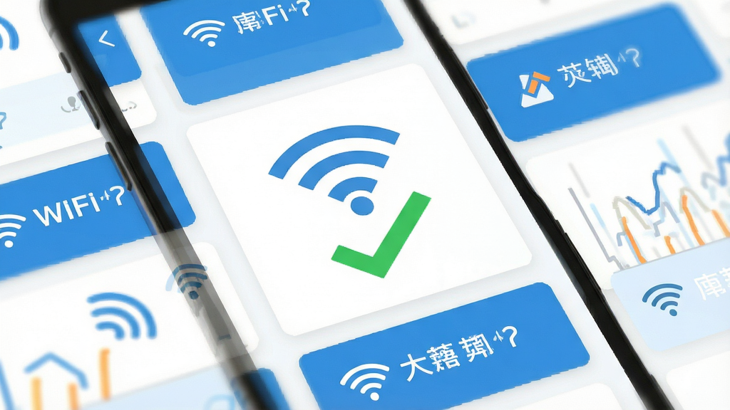 手机屏幕中央展示无线网络信号图标与连接成功的绿色对勾,四周环绕多个不同名称的WiFi热点卡片,界面干净整洁,扁平化设计风格,蓝白配色,主体突出,排版居中,细节清晰,画质高清,无多余元素