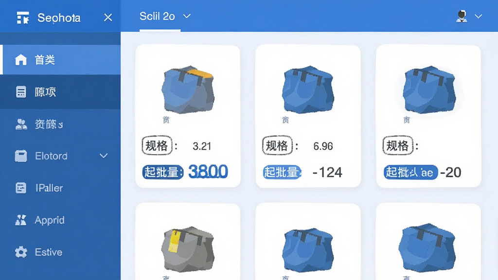 货源批发采购平台应用界面截图风格插画,画面左侧为分类导航栏,右侧为商品卡片列表,卡片上标注规格与起批量信息,整体排版规整,风格扁平化商务,色调以蓝白为主,细节清晰,画质干净