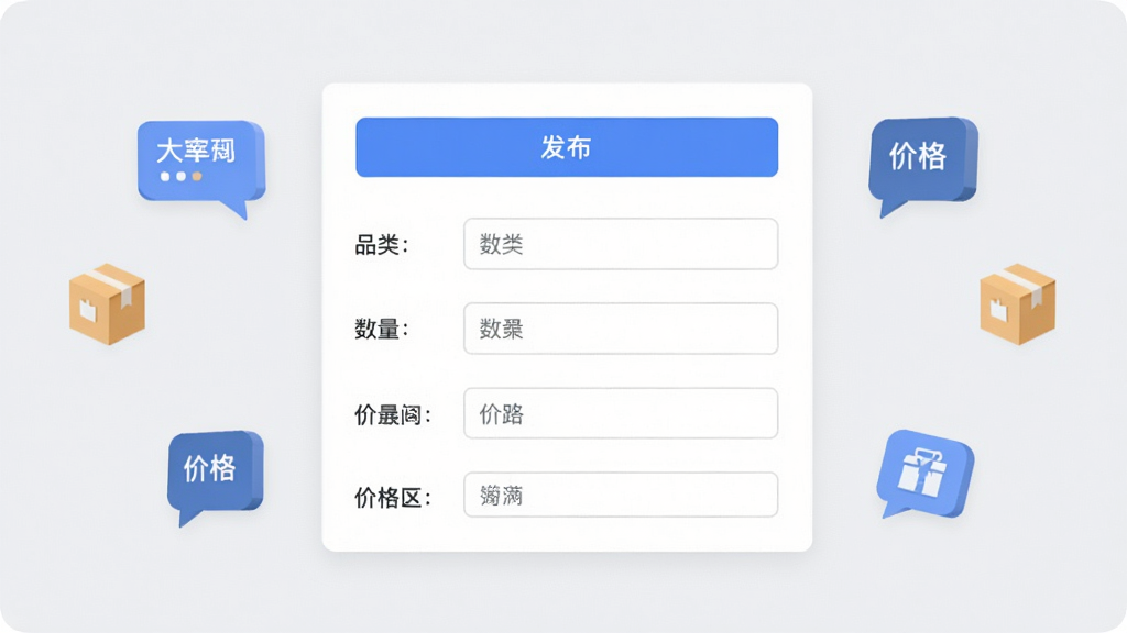 货源批发采购平台需求发布页面示意图,画面中央为一张填写表单,包含品类、数量、价格区间等字段,表单上方有发布按钮,背景为浅灰简洁风格,周围点缀对话气泡与商品图标,布局清晰,风格现代商务,画质干净