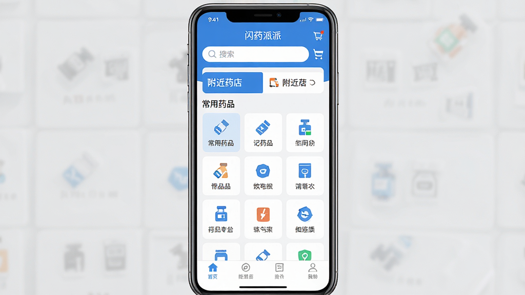 一张手机应用界面展示图,画面中央是一部竖屏智能手机,屏幕上显示“闪药派派”应用首页,页面顶部有搜索框和附近药店入口,中部为常用药品分类图标网格,底部为导航栏,整体采用白蓝配色,风格清爽简约,布局规整,细节清晰,画质干净,无多余元素