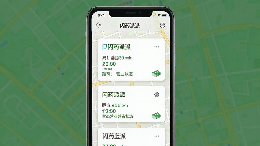 一张手机应用界面示意图,画面展示“闪药派派”附近药店列表页面,屏幕中呈现多个药店卡片,卡片上标注距离与营业状态,背景为浅色地图底纹,整体风格清新简洁,布局层次分明,细节清晰,画质干净