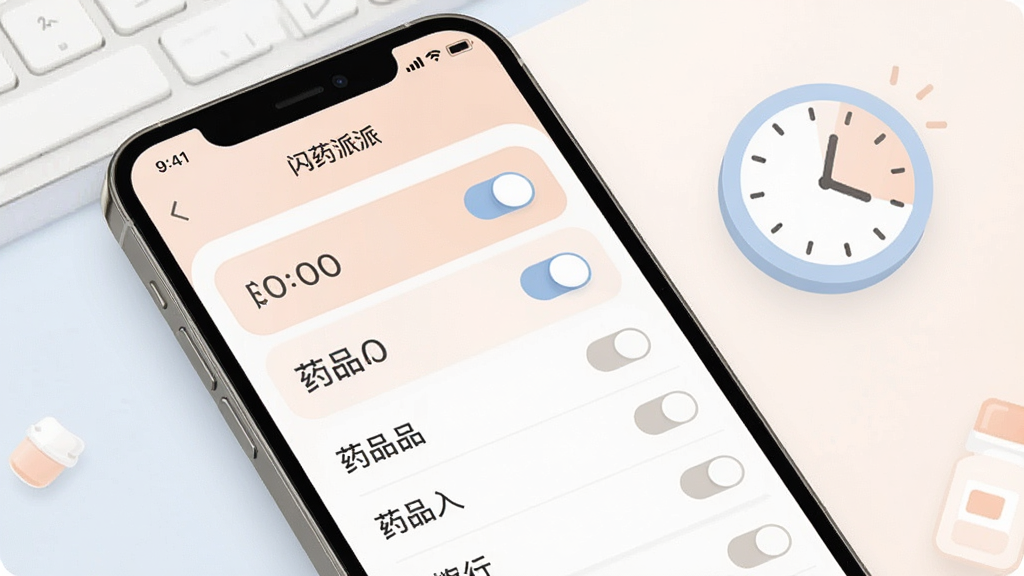 一张手机应用功能展示图,画面中手机屏幕显示“闪药派派”用药提醒设置界面,页面上有多个时间开关与药品名称条目,旁边配有时钟图标元素,整体风格简洁现代,配色柔和,布局清晰,细节干净,画质细腻