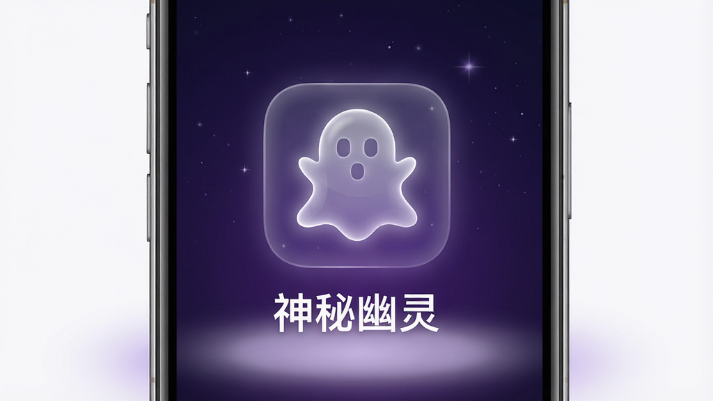 主体为一部智能手机竖屏展示,屏幕中央呈现半透明幽灵图标与深紫色渐变背景,布局为居中构图、手机下方有柔和光晕,排版简洁突出应用图标与名称,风格为现代科技感与神秘氛围结合,细节包括幽灵轮廓的微光边缘、背景细微星点纹理、手机边框金属质感,画质高清干净无多余元素,图片中文字为“神秘幽灵”
