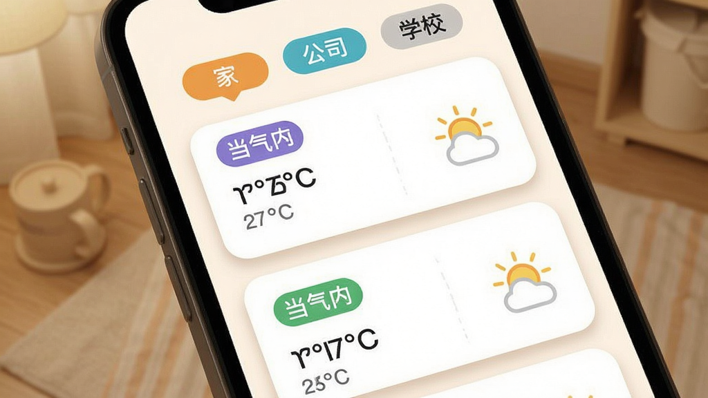 天气准点预警多地点关注功能界面,手机屏幕展示多个地点卡片列表,每个卡片显示地点名称、当前温度和天气图标,顶部有“家”“公司”“学校”标签,布局为纵向列表排版,风格温馨居家,细节包括圆角卡片阴影、彩色标签和简洁文字排版,画质清晰,无杂乱元素