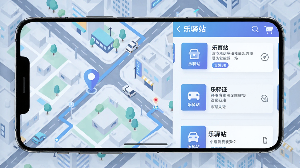 主体为城市街区俯视图叠加手机界面,布局为左侧地图右侧信息列表,排版为左右分栏结构,风格为科技感扁平插画,细节包含定位标记、路线线条、信息卡片与