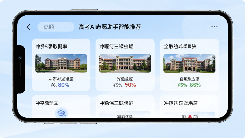 高考AI志愿助手智能推荐页面展示,手机屏幕中呈现冲稳保三档院校卡片列表,每张卡片带有录取概率百分比与院校名称,背景为浅蓝色渐变,界面元素排列整齐,风格清新,画质清晰干净