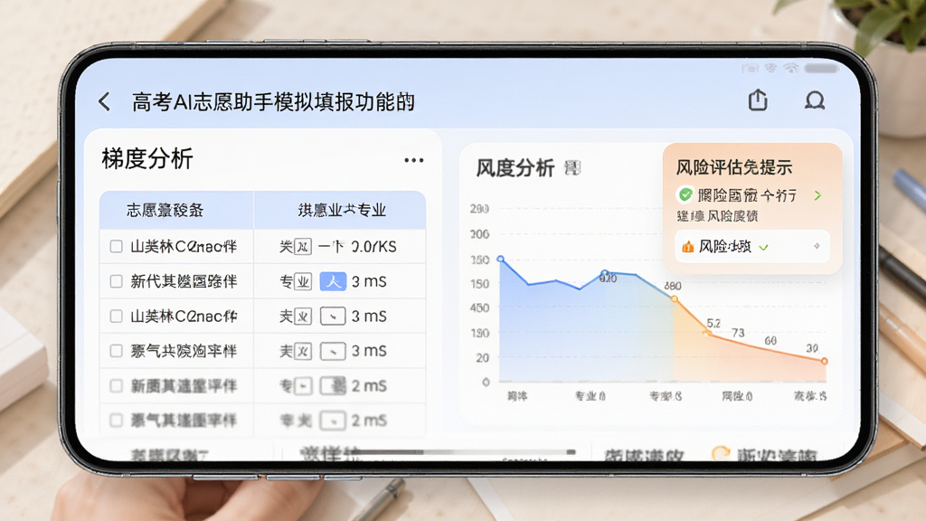 高考AI志愿助手模拟填报功能界面,手机屏幕显示志愿表格与梯度分析图,表格中填写了院校与专业信息,右侧有风险评估提示,整体布局清晰,配色柔和,画质细腻,无杂乱元素