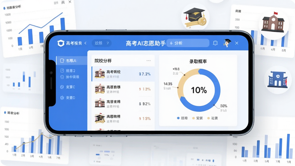 一张展示高考AI志愿助手软件主界面的手机屏幕截图,画面中央为志愿填报分析仪表盘,左侧为院校推荐列表,右侧为录取概率环形图,整体采用蓝白配色,界面干净整洁,手机悬浮于浅色背景之上,周围有数据图表与院校图标点缀,风格简洁现代,画质清晰,无多余元素