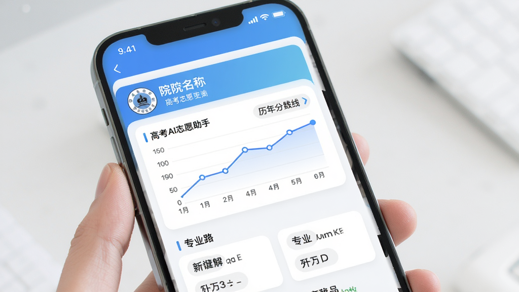 高考AI志愿助手院校数据查询页面,手机屏幕展示院校详情卡片,包含院校名称、所在城市、历年分数线折线图与专业列表,界面采用卡片式布局,配色清爽,画质清晰,背景简洁