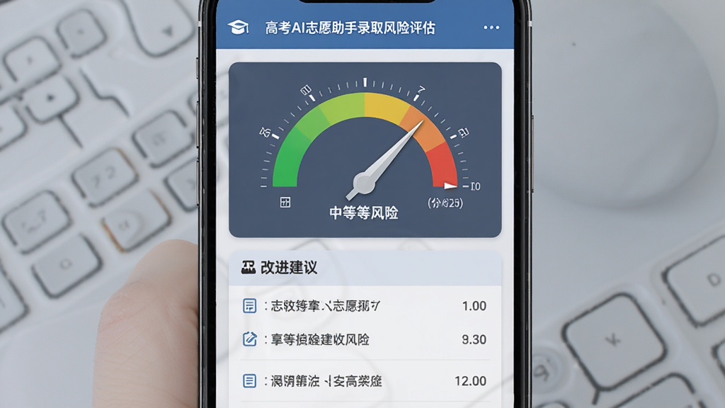 高考AI志愿助手录取风险评估界面,手机屏幕显示风险等级仪表盘与建议文字,仪表盘指针指向中等风险区域,下方列出改进建议条目,整体风格专业,蓝灰配色,画质清晰干净