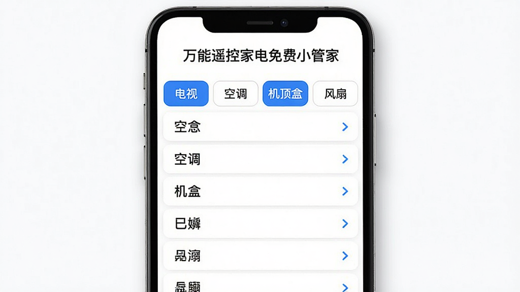 画面主体是一部手机屏幕显示“万能遥控家电免费小管家”的品牌选择列表界面,列表中有“电视”“空调”“机顶盒”“风扇”四个分类标签,下方排列多个品牌名称条目;布局为手机竖屏居中展示,分类标签横向排列在顶部;排版整齐,条目间距均匀;风格为现代简约UI界面插画,白底配蓝色高亮标签;细节上列表条目带有小箭头图标,屏幕边缘有柔和阴影;画质清晰,画面干净,无多余元素