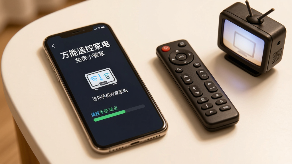 画面主体是一部手机平放在桌面上,手机屏幕显示“万能遥控家电免费小管家”的配对引导页面,页面中有“请将手机对准家电”的图标示意,旁边放着一个实体遥控器和一台小电视模型;布局为手机居中偏左,遥控器与电视模型在右侧;排版上突出手机屏幕内容;风格为生活化产品示意图,暖白背景;细节上手机屏幕有配对进度提示条,电视模型屏幕微亮;画质清晰,画面干净,无多余元素