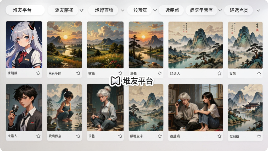 画面主体为一面展示墙,墙上整齐排列着不同风格的AI绘画作品缩略图,包括动漫人物、风景油画、国风山水等,布局为网格状排列、上方有分类标签栏,风格为清新明亮的现代展示风格,细节包括每幅画下方的小标签与收藏图标,画质高清、干净、无多余元素,图片中打文字“堆友平台”