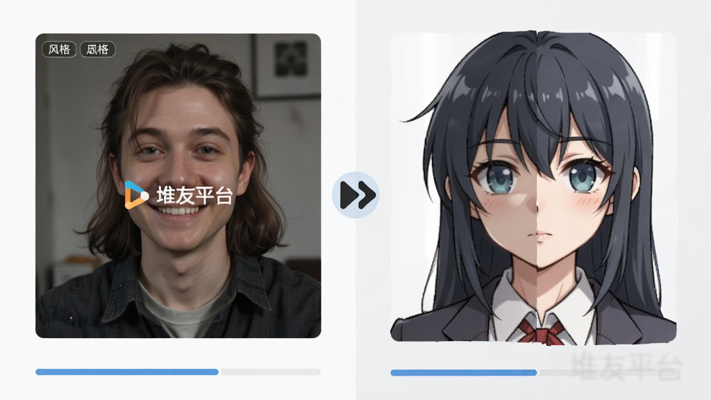 画面主体为一张人物照片与对应的动漫风格转换效果并排对比展示,布局为左右对比构图、中间有转换箭头图标,风格为简洁对比展示图,细节包括照片边框、风格标签、转换进度条,画质高清、干净、无多余元素,图片中打文字“堆友平台”