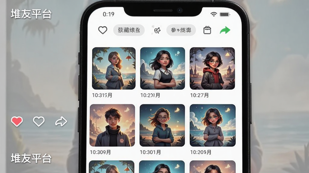 画面主体为手机屏幕展示作品管理界面,界面中有多张已生成的AI绘画缩略图按时间排列,布局为上下结构、顶部有筛选标签栏,风格为清爽的移动端UI界面风格,细节包括收藏图标、分享按钮、参数标签,画质高清、干净、无多余元素,图片中打文字“堆友平台”