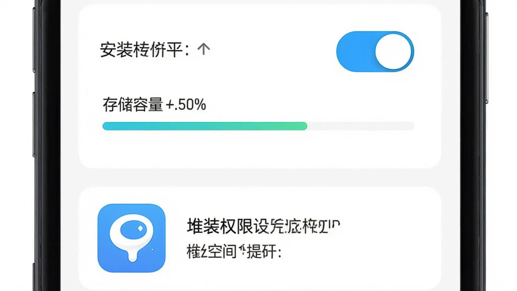 画面主体为一部手机屏幕展示安装权限设置界面与堆友平台应用图标,布局为上下结构、上方为权限开关示意、下方为应用图标与存储空间提示条,风格为简洁移动端操作示意图,细节包括权限开关滑块、存储容量进度条、提示文字框,画质高清、干净、无多余元素,图片中打文字“堆友平台”