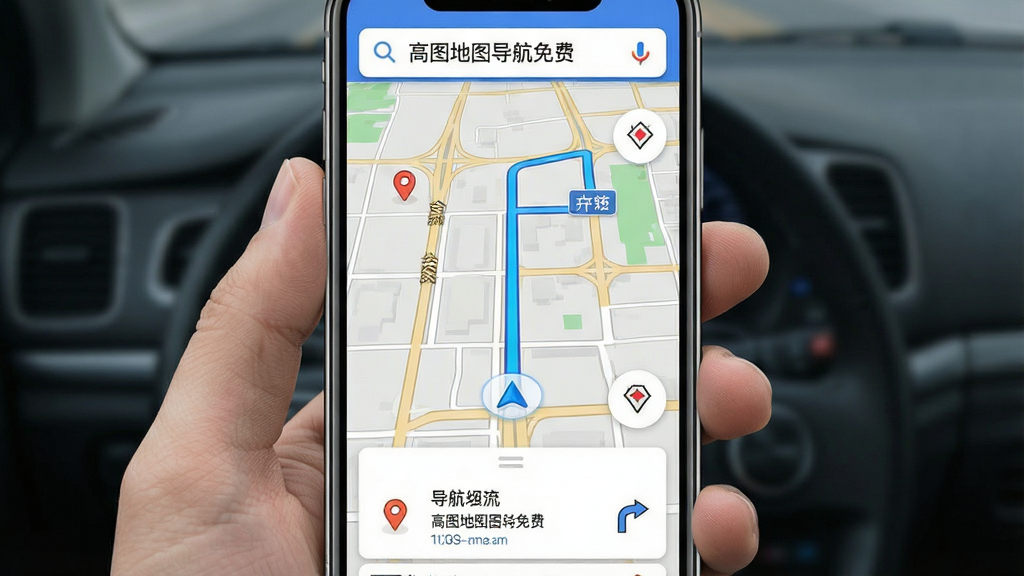一张手机屏幕展示地图导航界面的写实图片,画面中央是城市道路地图与蓝色导航路线,顶部搜索框内写有