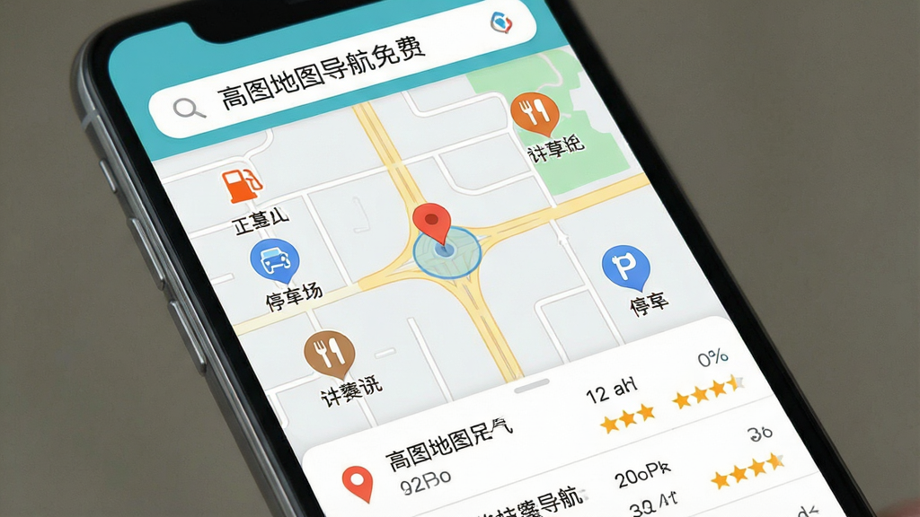 一张手机地图周边搜索界面的图片,屏幕中央为地图与定位圆点,周围分布着加油站、停车场、餐饮等图标标记,顶部搜索栏写有
