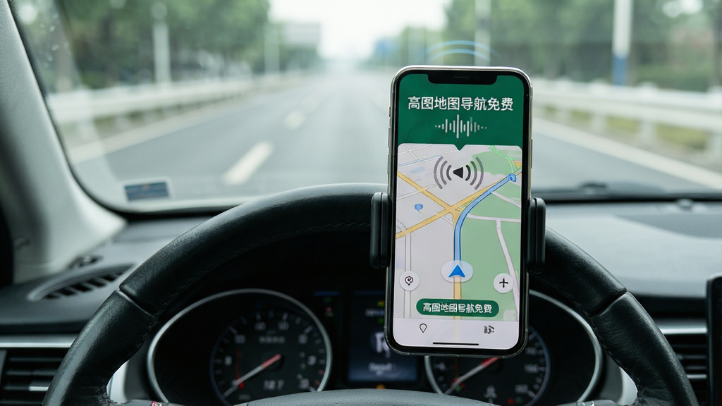 一张表现语音导航场景的图片,画面为汽车驾驶视角,手机固定在前方支架上,屏幕显示地图与语音播报波纹图标,界面中写有