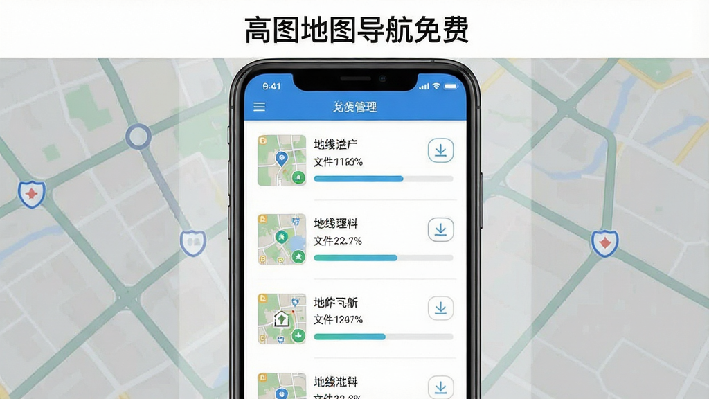 一张展示离线地图下载管理界面的图片,屏幕中列出多个城市区域的地图包及下载进度条,界面顶部写有