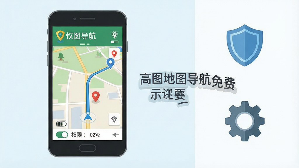 一张表现手机导航使用注意事项的示意图,画面为手机屏幕显示地图导航界面,旁边配有盾牌与齿轮图标象征安全与设置,界面中写有