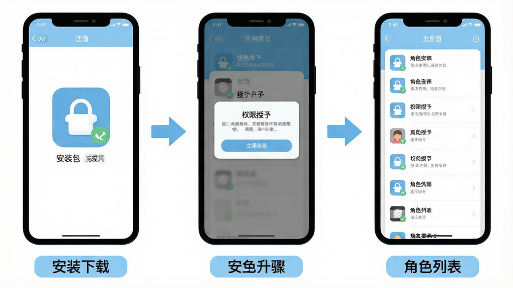 Rolebook 安装与使用步骤示意图,画面为三部手机并排展示,从左到右分别为安装包下载完成界面、权限授予弹窗界面、角色列表主界面;每部手机下方有简短步骤标签占位,整体采用简洁的扁平化信息图风格,配色为浅蓝与白色,细节包括步骤箭头连接、清晰的界面元素轮廓,画质干净,无多余文字装饰