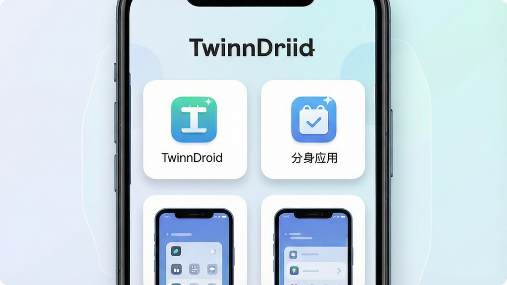 主体为一部智能手机居中放置,屏幕内展示两个并排的应用图标卡片,分别标注“TwinnDroid”与“分身应用”,布局采用上下分层结构,上方为软件名称标题,下方为功能示意图,排版简洁对称,风格为现代扁平化科技风,细节包含浅色渐变背景、圆角卡片、细微投影与图标高光,画质清晰干净,无多余元素