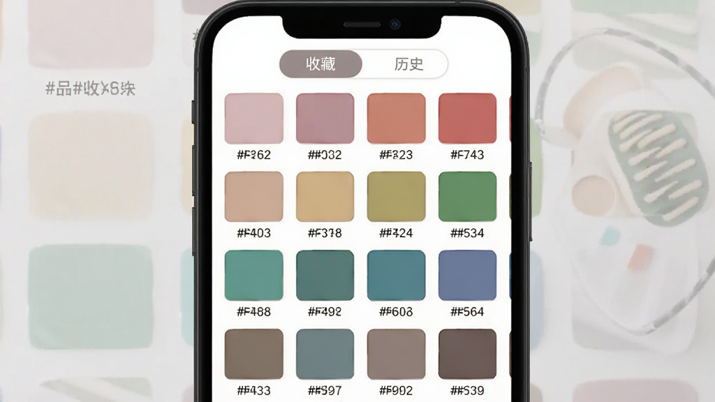 HexColor颜色收藏夹页面展示图,手机屏幕显示一个网格状排列的色块列表,每个色块下方标注对应的十六进制色值,顶部有收藏与历史两个标签页切换按钮,界面布局规整,配色柔和,画质清晰无噪点
