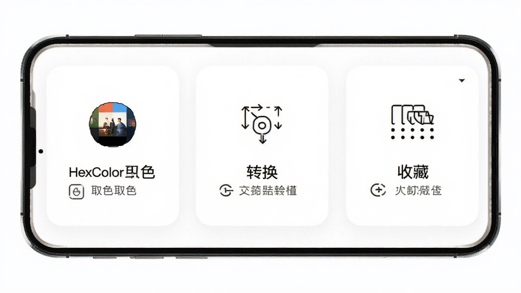 HexColor软件整体功能概览图,手机屏幕以卡片式布局展示取色、转换、收藏三大功能模块入口,每个模块配有简洁的线性图标与简短文字说明,背景为纯白色,整体风格干净利落,画质高清