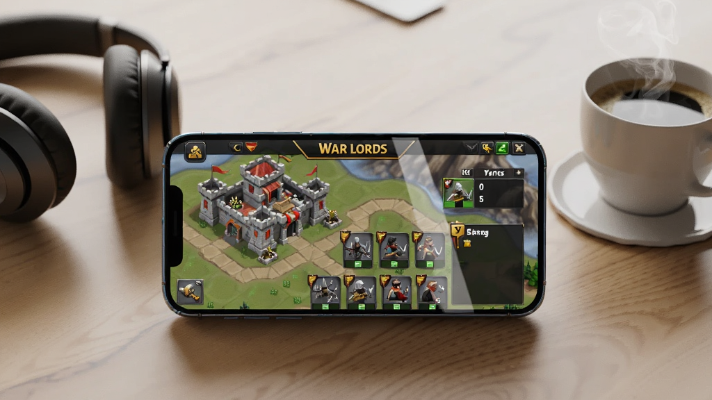 画面展示一部智能手机横屏运行策略战争游戏,屏幕中可见城堡建设界面与兵种训练队列,手机旁边放置一副耳机与一杯咖啡,背景为简洁的桌面环境。布局为手机居中特写,周围物品作为点缀。风格为数码产品场景摄影风,细节包括手机屏幕反光、桌面木纹、咖啡热气。画质清晰,画面干净,无多余元素,手机屏幕上方用文字标注