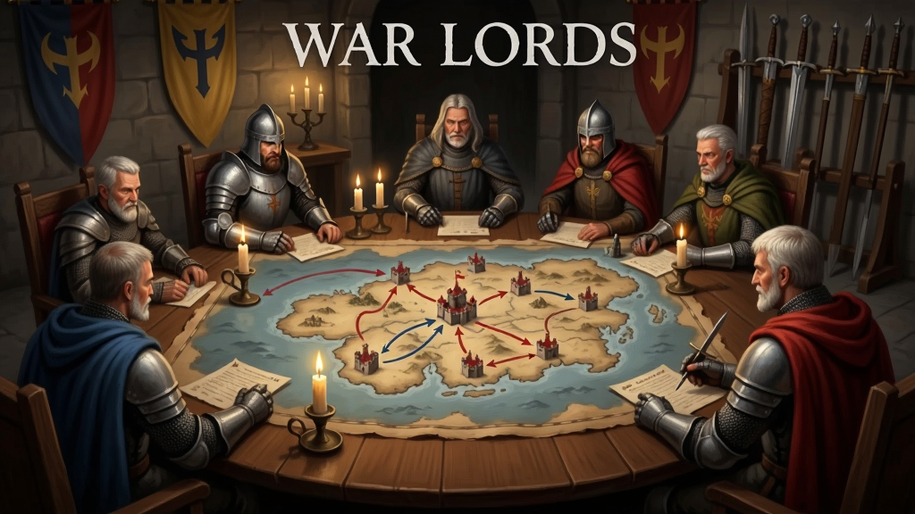 画面描绘多位中世纪奇幻领主围坐在圆桌旁商议战事,桌上铺开一张大陆地图,地图上有城堡标记与行军路线,背景是联盟旗帜与武器架。布局为室内场景,人物环绕圆桌呈环形分布。风格为写实奇幻插画,细节包括皮革地图纹理、烛台火光、人物盔甲与披风质感。画质高清,氛围庄重,画面干净,无多余元素,图片上方用文字写