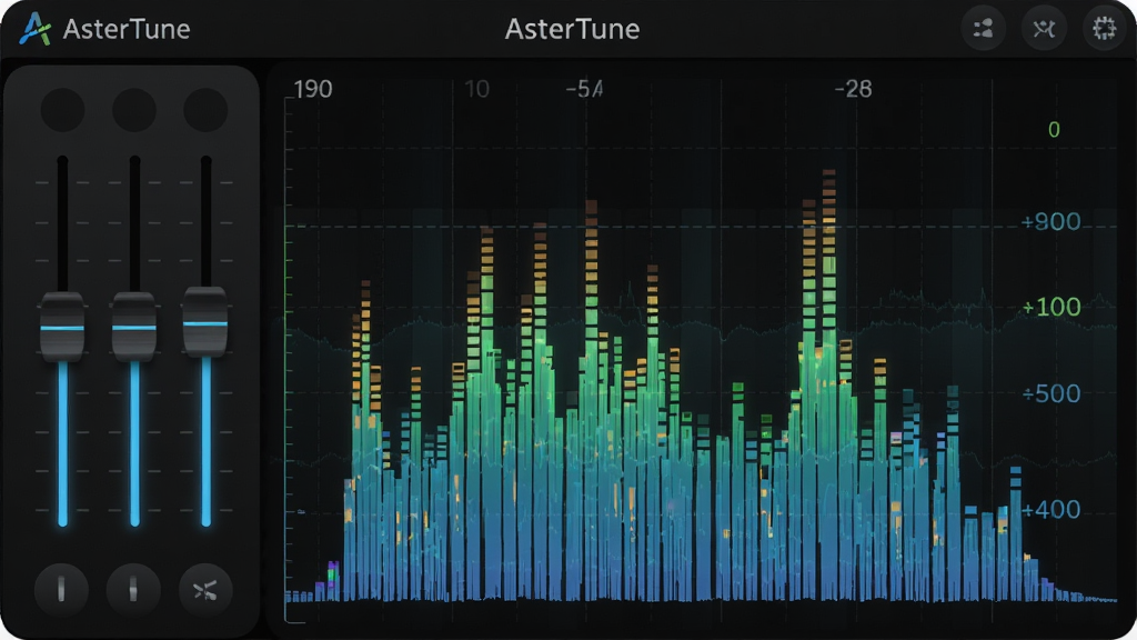 画面主体为 AsterTune 的实时频谱界面,布局为左侧竖向均衡器推子组、右侧大面积频谱柱状图,顶部有应用名称“AsterTune”字样,风格为深色科技界面风格,细节包括发光频谱柱、半透明网格背景、圆角滑块,画质高清干净,无多余元素