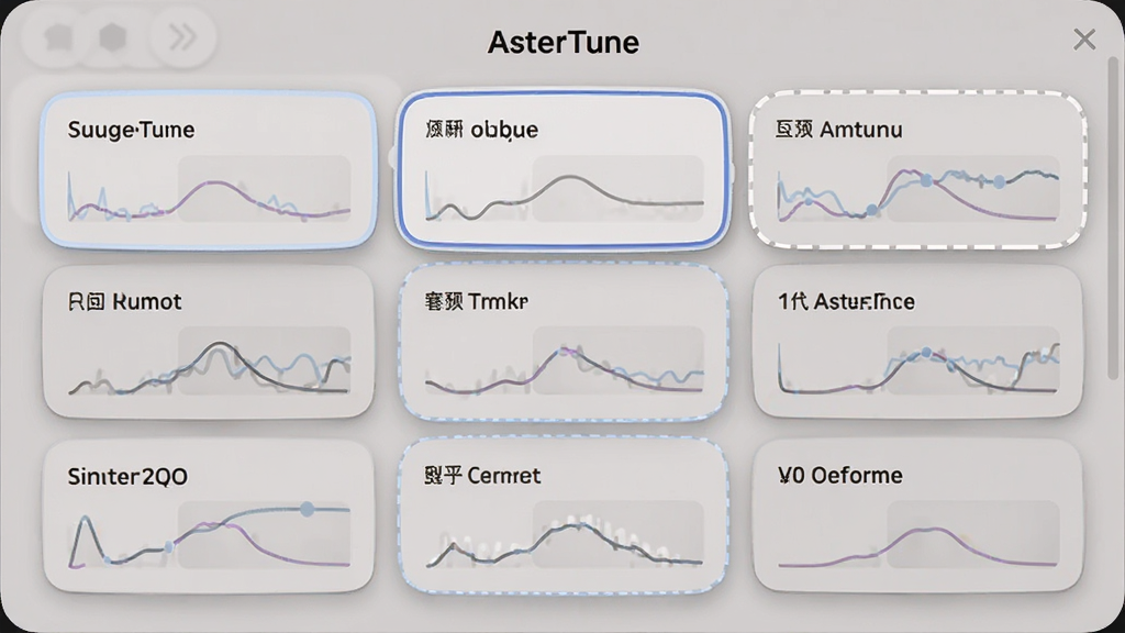主体为 AsterTune 的预设选择面板,布局为居中弹出式卡片列表,每张卡片标注预设名称与小型曲线图,风格为柔和圆角浅色界面,细节包括卡片阴影、选中高亮描边、顶部“AsterTune”标题,画质清晰干净,无多余元素