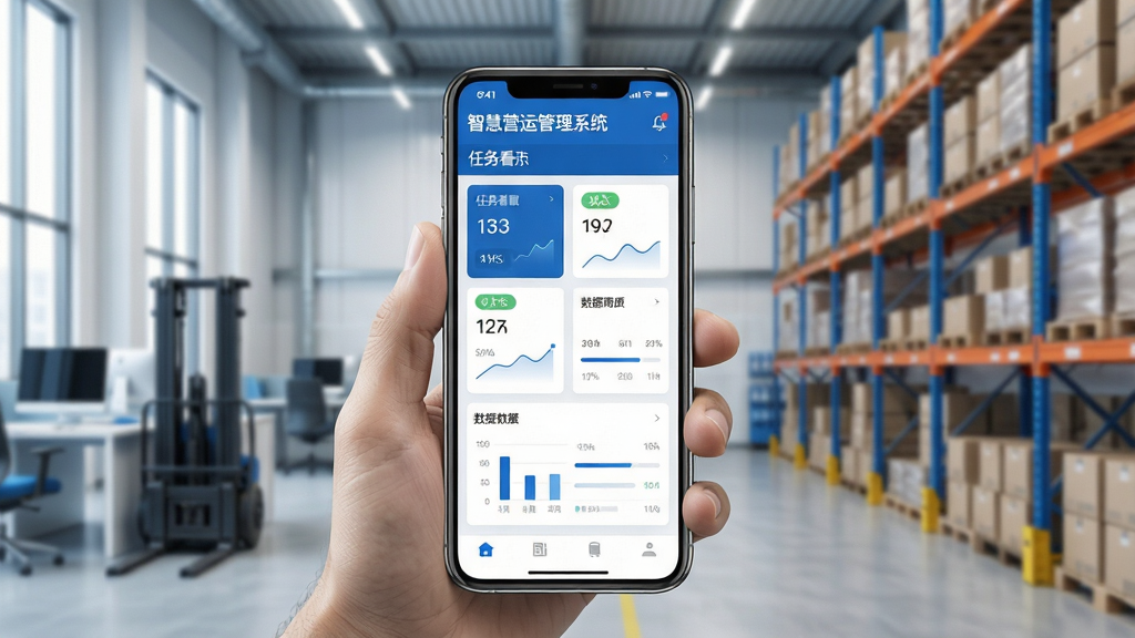 一张展示智慧营运管理系统移动端界面的概念图,主体为手持智能手机的运营人员,手机屏幕显示任务看板与数据图表,背景为现代办公场景与仓储货架,布局为人物居中、手机界面清晰可见,排版简洁商务,风格为写实科技感,细节包括蓝色主色调界面、卡片式数据模块、状态标签与进度条,画质清晰干净,无多余元素,画面中标注文字“智慧营运管理系统”