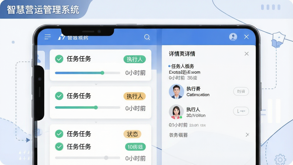 一张表现任务派发流程的示意图,主体为手机屏幕上的任务卡片列表与状态标签,布局为左侧任务列表、右侧详情面板,排版整齐,风格为扁平化商务插画,细节包括勾选图标、进度条、执行人头像与时间标记,画质干净清晰,画面中标注文字“智慧营运管理系统”